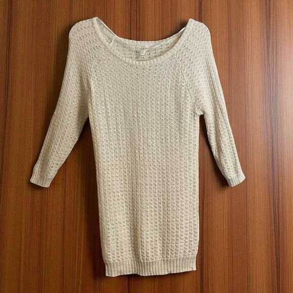 Frenchi Womens Open Weave Long Size M Sweater Butter Cream Knit 3/4 Sleeve - Picture 1 of 7